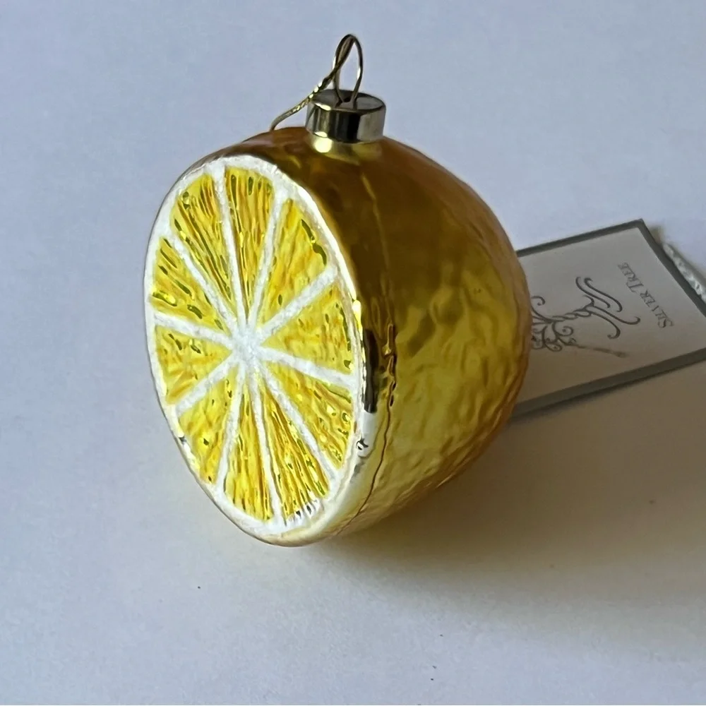 SILVER TREE HALF LEMON GLASS CHRISTMAS ORNAMENT YELLOW 3” NWT